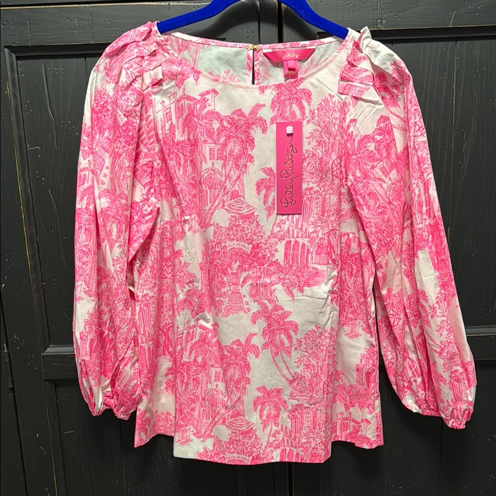 Lilly Pulitzer Pink and White Ruffled Puff Sleeve Blouse